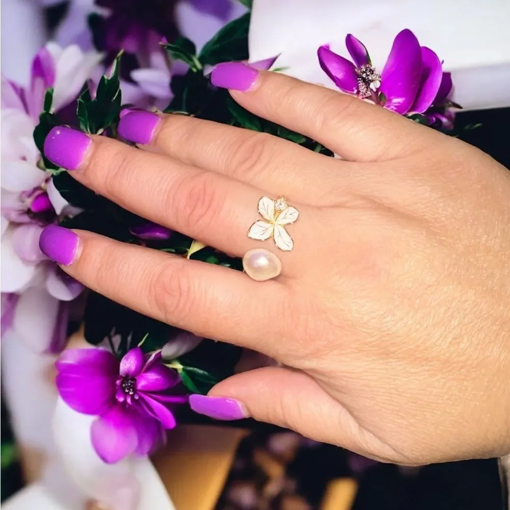 Elegant Adjustable freshwater Pearl and Flower Ring - Picture 2 of 5